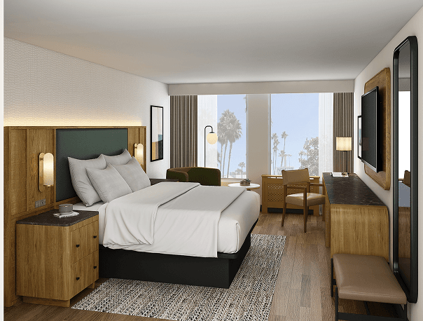 Modern hotel room interior with palm tree view