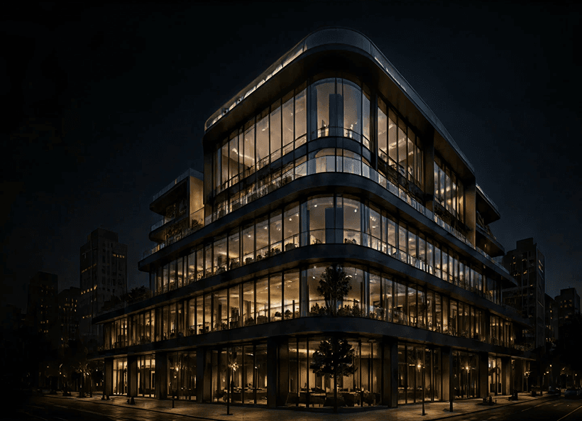 Modern glass building at night