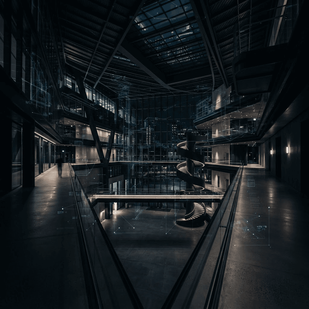 Modern building interior with a holographic intelligence layer of blueprint data