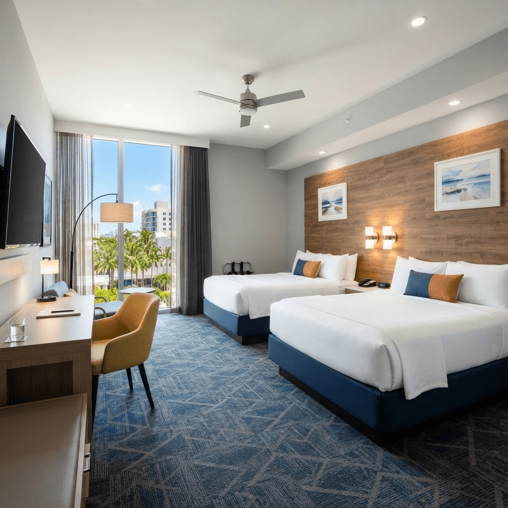 Renovated guest room at Hilton Garden Inn Miami Brickell South with two queen beds, wood-look headboard wall and a window overlooking palm trees