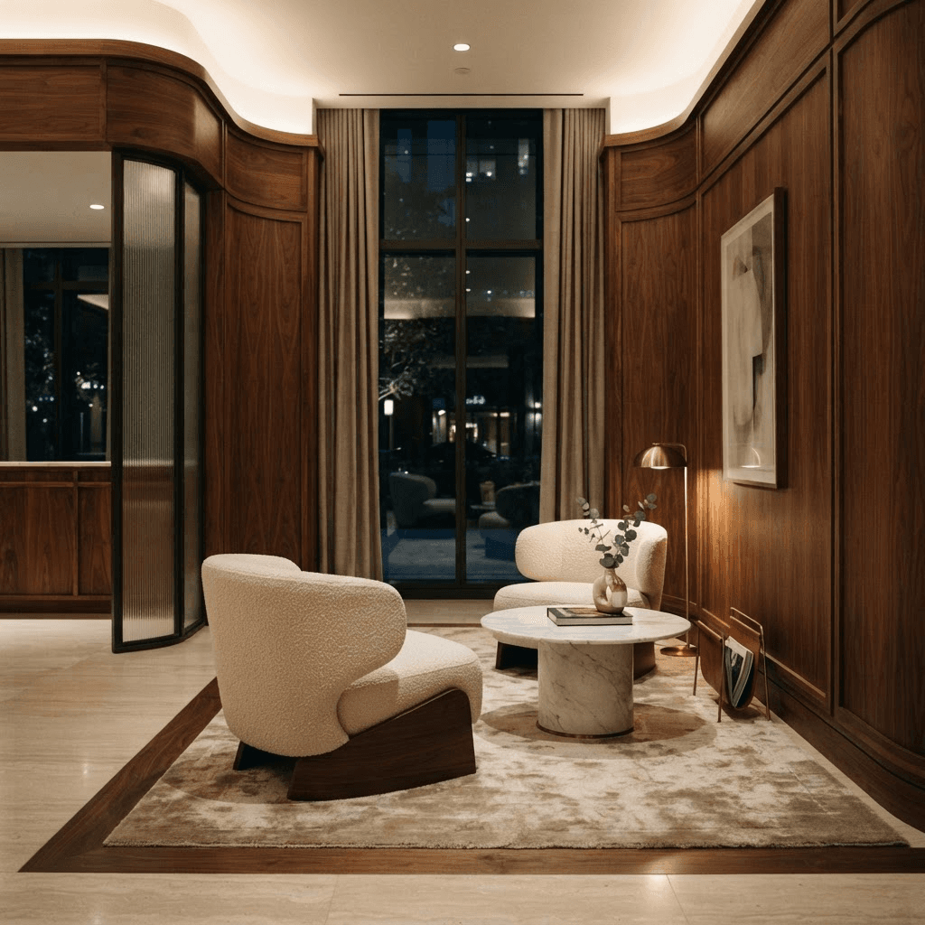 Hotel lobby lounge with warm wood paneling, curved seating and tall windows